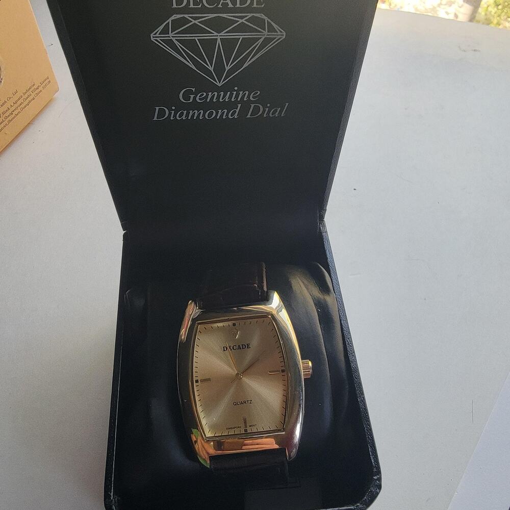 Decade Mens Watch Champagne Dial Gold Tone Brown Strap Diamond Accent Quartz Box